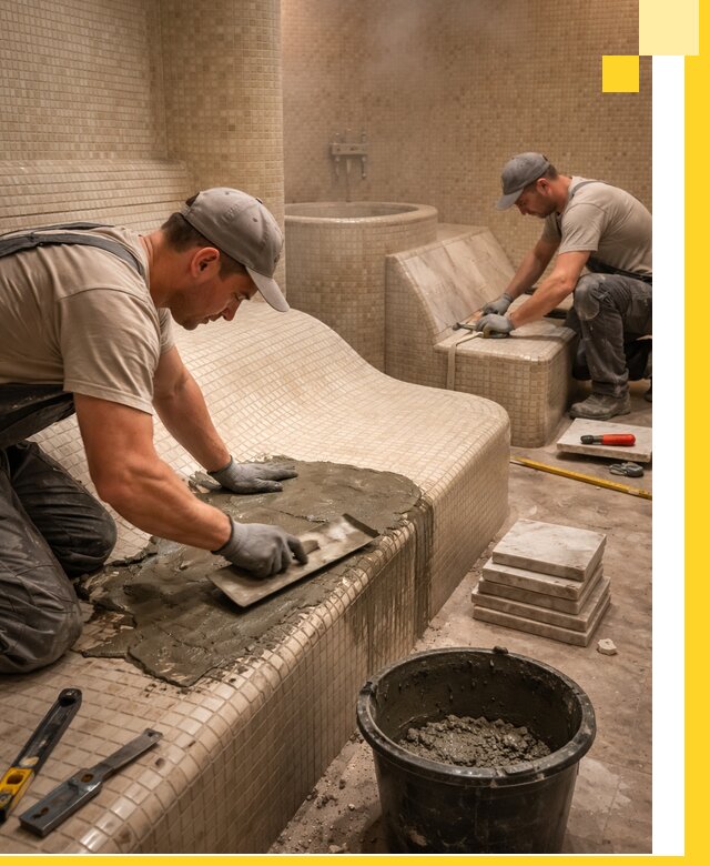 Лежаки для хамама под ключ в Красноуфимске, проект и монтаж