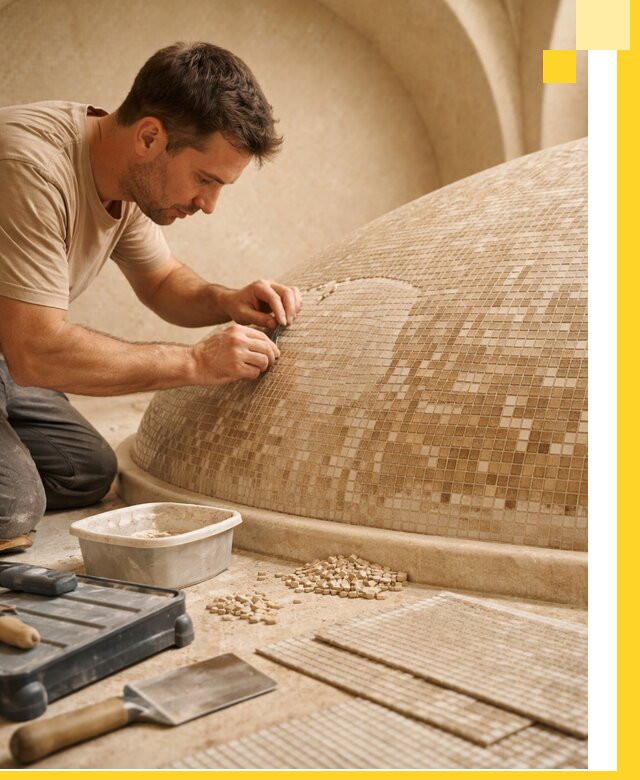 Профессиональная укладка мозаики для хамама под ключ в Красноуфимске